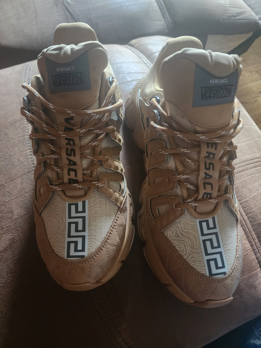Versace Men’s Tan Greek Key Chain Reaction Sneakers